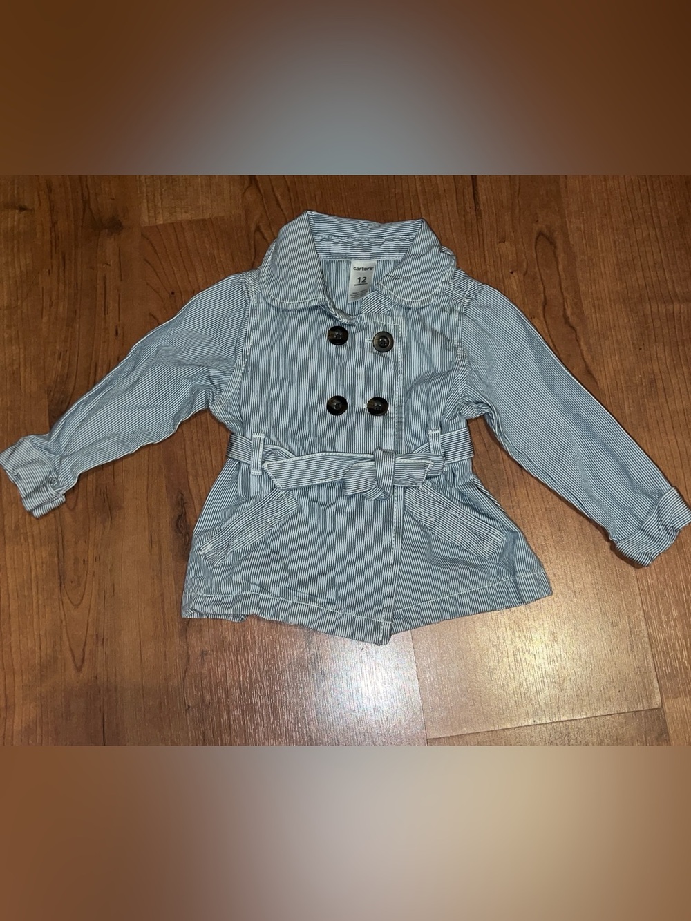 Carter's Blue and White Striped Double-Breasted Pea Trench Coat Jacket